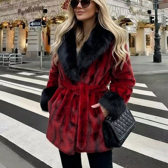 Jackets & Blazers - black -Red Women's belted Long Sleeve Faux Fur Jacket coat